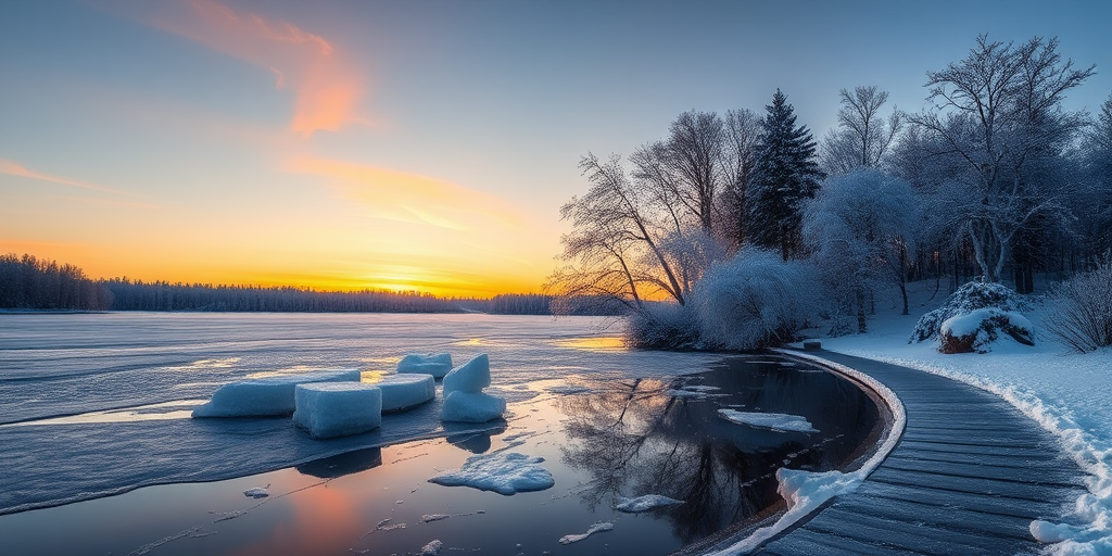frozen lakeside landscape with trees covered in snow and ice reflecting in calm water, shot at sunrise using a DSLR camera with a 24mm lens, aperture set at f/11, shutter speed 1/125s, ISO 200, using a wide-angle shot to capture the serene atmosphere and enhance color saturation and clarity.