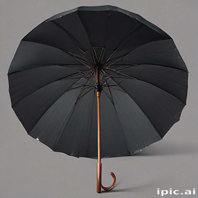 A Classic Black Umbrella with Wooden Handle Against a Neutral Background