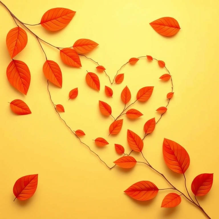 create a heart-shaped design featuring stylized leaves in warm orange tones on a soft yellow background with a high-resolution digital camera, f/8 aperture, ISO 100, 50mm lens, top-down view, vector art style