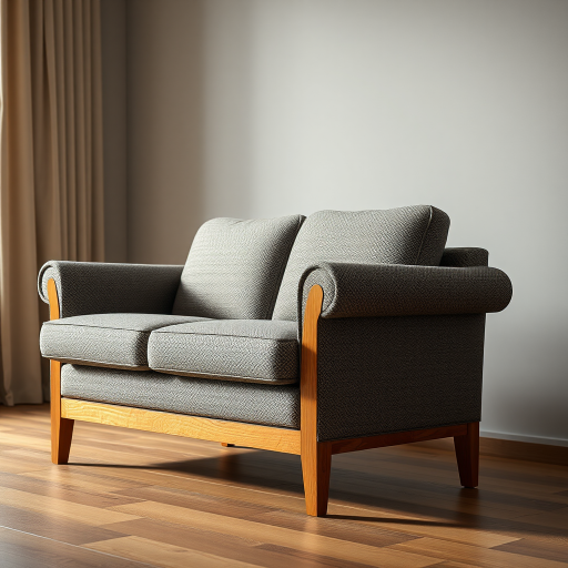 Create a high-resolution image of a two-seater sofa with a wooden frame and textured fabric upholstery, using a Canon EOS 5D Mark IV camera, 50mm lens, f/1.8 aperture, ISO 100, and a shallow depth of field, angled from a slightly elevated viewpoint to enhance details and texture.