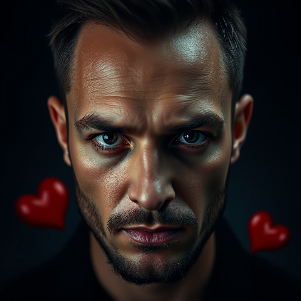 Create a moody portrait of a man with piercing eyes, a dark background with two glossy red hearts, using a Canon EOS R5 with a 50mm f/1.2 lens, aperture set to f/1.4, ISO 100, and a soft-focus effect.