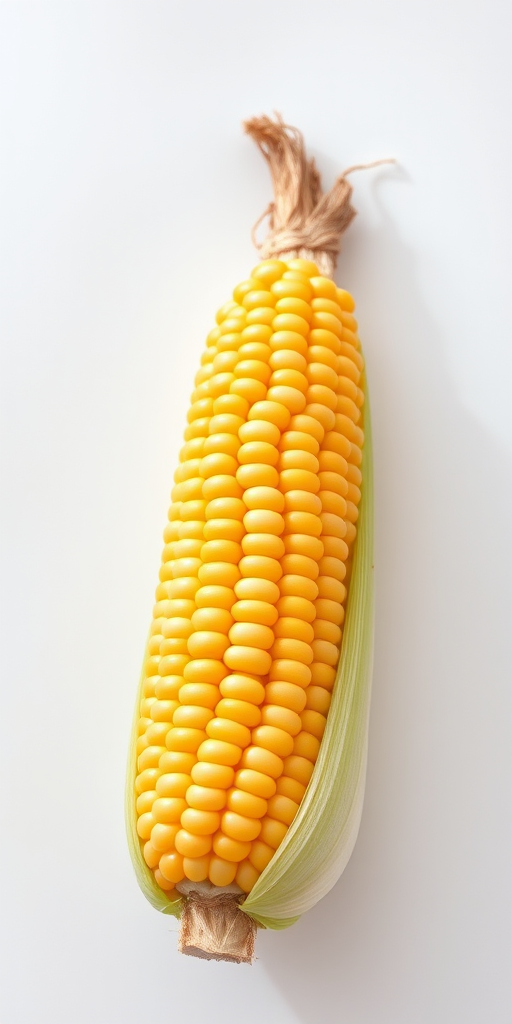 Capture a fresh ear of corn on a white background with a macro lens, aperture set to f/2.8, ISO 100, shutter speed 1/200s, top-down view, DSLR camera for sharp details and vibrant colors.