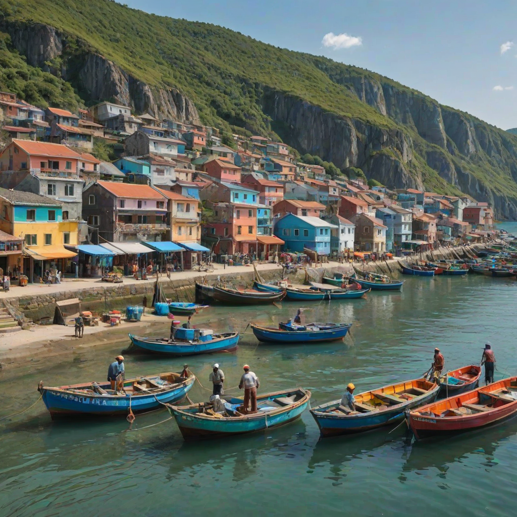 Picturesque fishing village, colorful boats tied to the docks, and fishermen mending their nets by the water's edge.