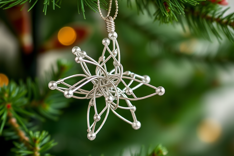Generate an image of a decorative star ornament made of intertwined silver wire and beads, hanging from a green Christmas tree branch with a soft, blurred background. The focus should be on the intricate details of the star and the sparkling beads.