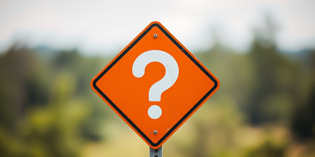 Create an image of a diamond-shaped orange warning sign with a large white question mark in the center, using a DSLR camera with a 50mm lens at f/2.8, ISO 100, and a shallow depth of field for a blurred background, capturing in natural daylight.