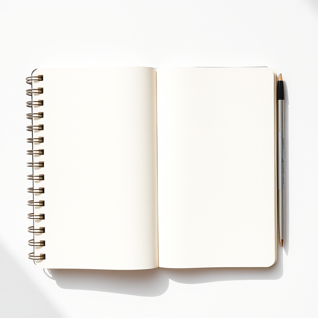 create an image of an open spiral notebook with blank pages, shot with a Canon EOS R5, 50mm lens, f/1.8 aperture, ISO 100, 1/125 sec, overhead view, natural light for soft shadows and even brightness