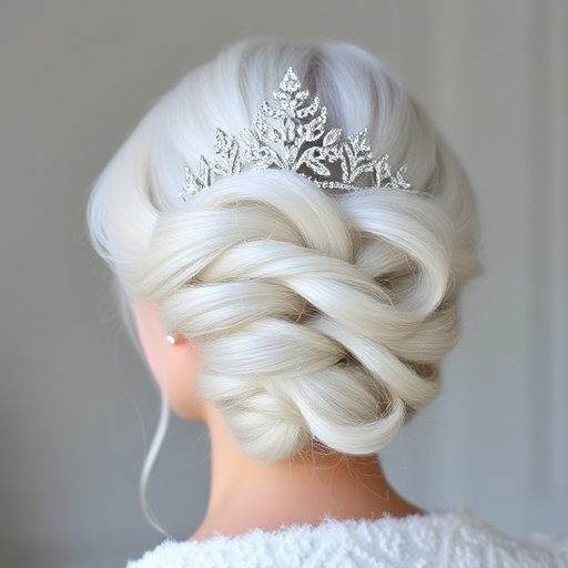 Silvery white hair styled in a regal French twist, adorned with a delicate snowflake-inspired diamond tiara, embodying the grace and beauty of a winter queen.