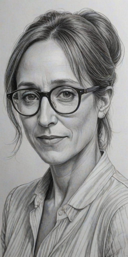 Fascinating Laurie Metcalf, pencil sketch, portrait of Fetching woman 1973s in glasses, hair style beatnik, outline, clear lines, fine lines, 8k