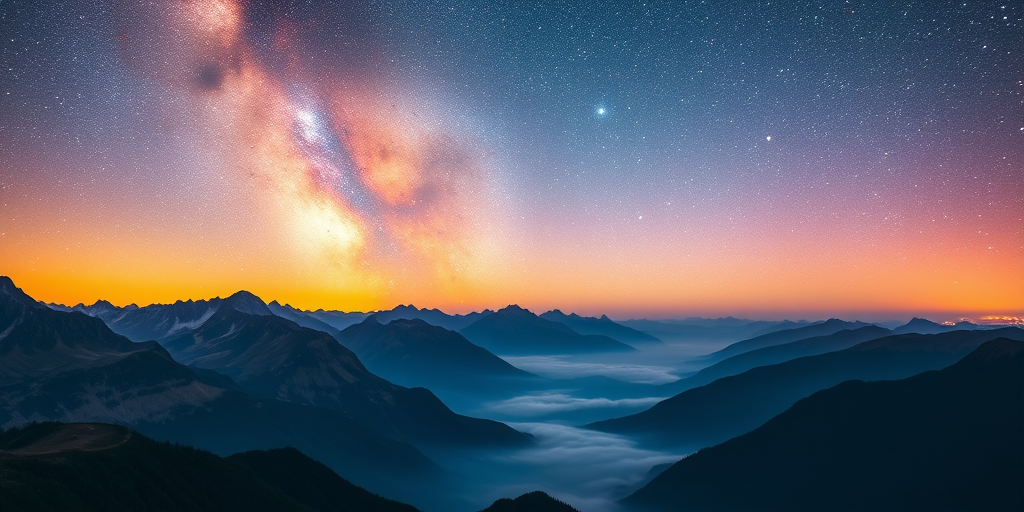Generate a vibrant cosmic landscape featuring a colorful Milky Way galaxy above majestic mountains with a misty valley, captured with a Canon EOS R5, 24mm lens, f/2.8 aperture, ISO 200, at twilight, using long exposure to enhance star trails and colors.
