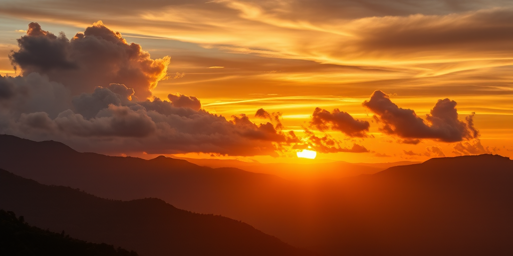 sunset over mountains with dramatic clouds, warm orange and yellow hues, DSLR camera, f/11 aperture, ISO 100, 1/200 sec exposure, landscape orientation, panoramic view, high-resolution settings
