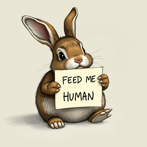 rabbit holding a note which says "FEED ME HUMAN"