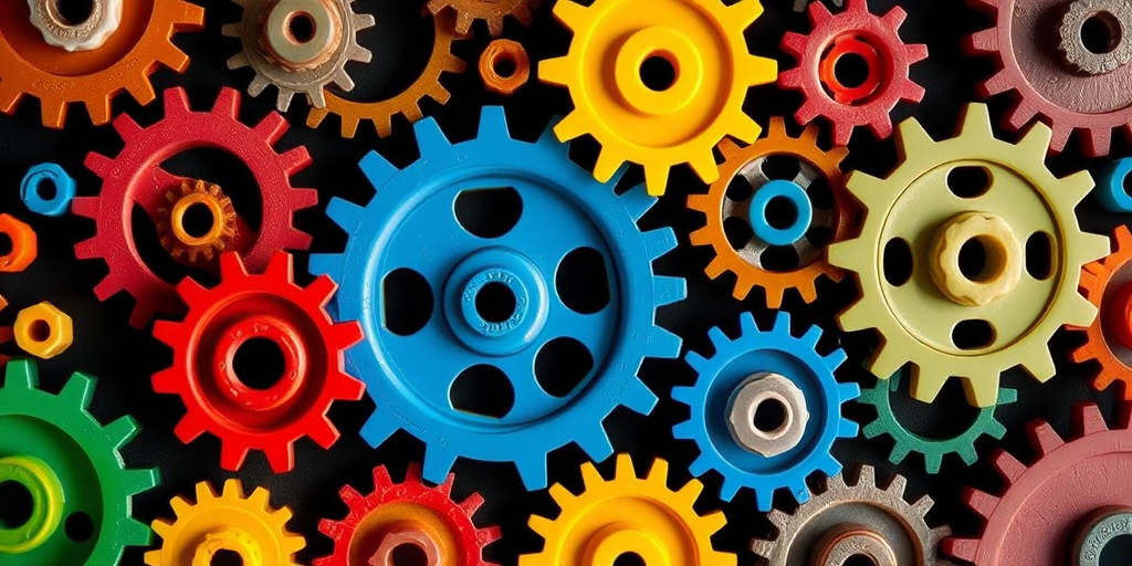 Create a vibrant and colorful arrangement of gears in various sizes and colors with a dark background, captured with a DSLR camera at f/4.0 aperture, 1/125 sec shutter speed, ISO 100, wide-angle lens, and a clear focus to enhance detail and depth.