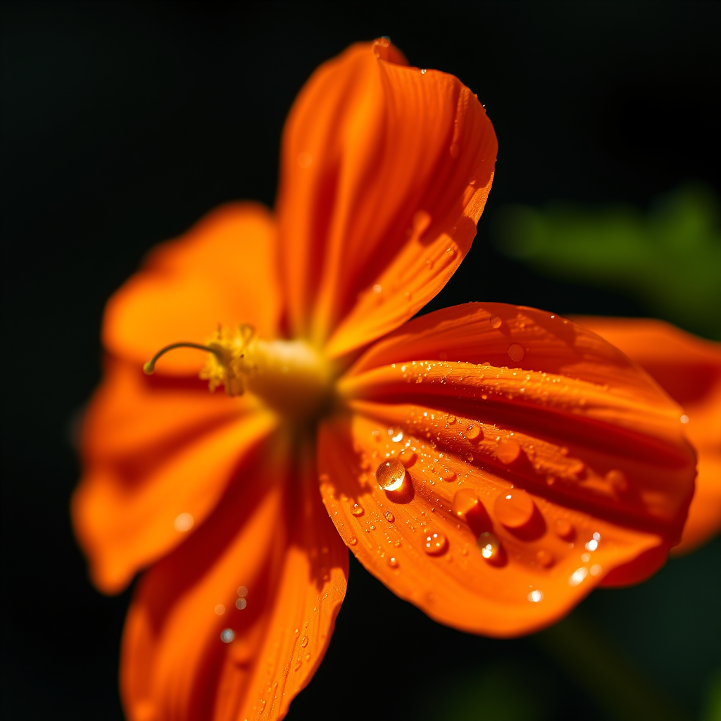 Capture a close-up of a vibrant orange flower with water droplets on the petals, illuminated by soft natural light, using a Canon EOS R5, 85mm f/1.4 lens, aperture set to f/2.8, shutter speed 1/200s, ISO 100, shallow depth of field, with a blurred dark background to enhance focus on the flower.