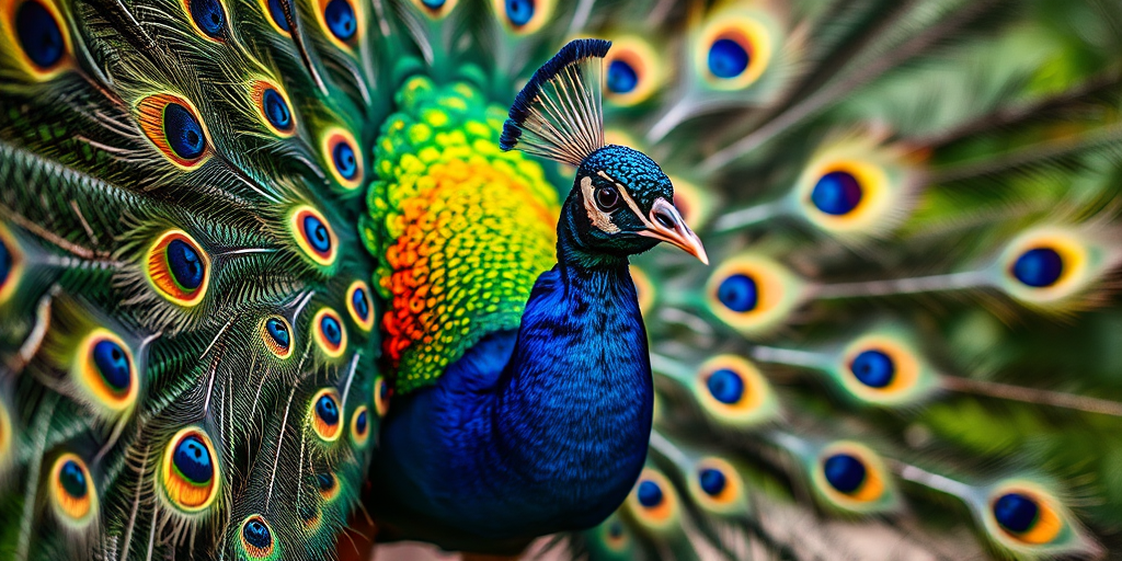 Capture a vividly detailed peacock displaying its vibrant plumage, shot with a Canon EOS R5 at f/2.8, ISO 100, 1/200 sec, using a 100mm macro lens from a low angle to emphasize the iridescent colors and intricate feather patterns against a blurred background.