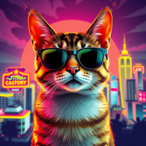 Create a vibrant digital illustration of a cat wearing sunglasses, set against a colorful retro city skyline with bold neon colors, using high-quality rendering in 4K resolution, shot from a close-up perspective with a wide-angle lens, and using a digital illustration style to enhance detail and depth.