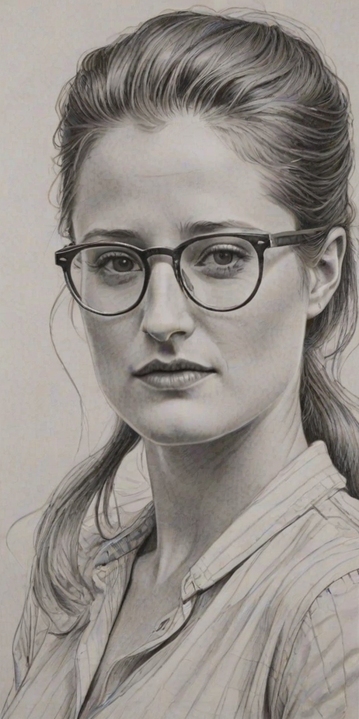 Stunning Grace Gummer, pencil sketch, portrait of Fetching woman 1943s in glasses, hair style beatnik, outline, clear lines, fine lines, 8k