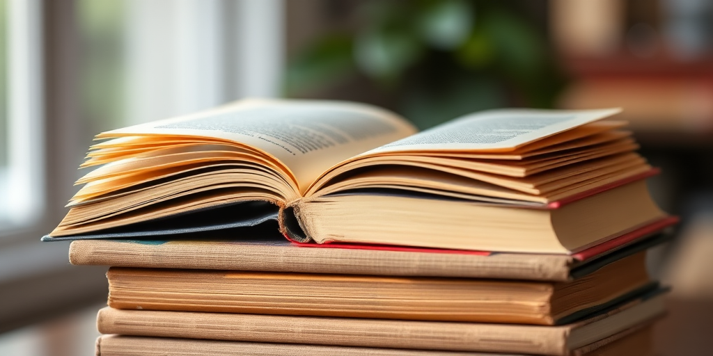 stack of vintage books with an open book at the top, soft-focused background, natural lighting, f/2.8 aperture, 50mm lens, DSLR camera, macro photography style