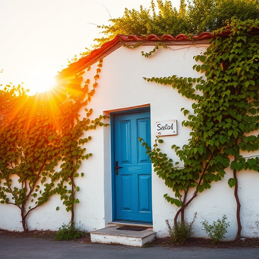 regenerate a picturesque scene of a charming white house with a blue door and vine-covered walls under a warm golden hour light, enhancing the texture of the leaves and walls, captured with a DSLR camera at f/8 aperture, ISO 100, and a 50mm lens, in a wide-angle view for a vibrant, detailed effect