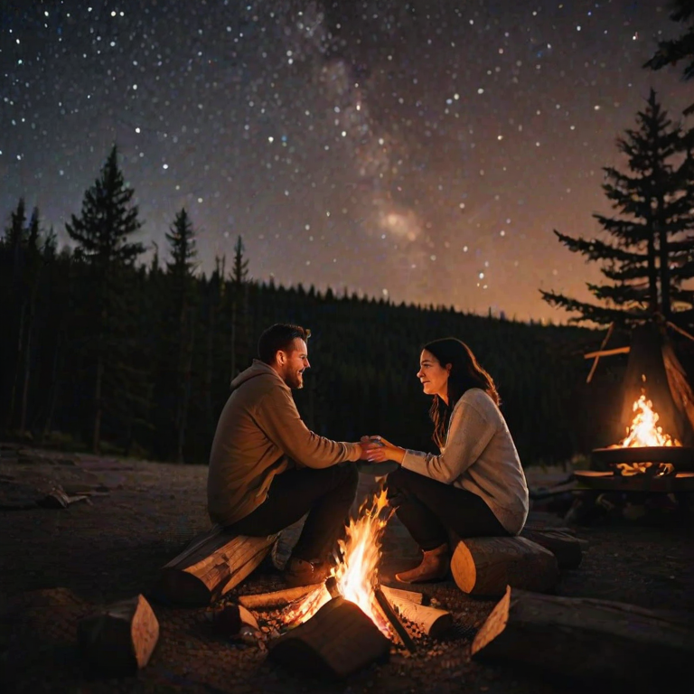 Warm, intimate photo of a couple sitting by a campfire under the stars, soft glow from the flames illuminating their faces, distant constellations twinkling above, the smell of burning wood and the soft crackle of the fire filling the air.