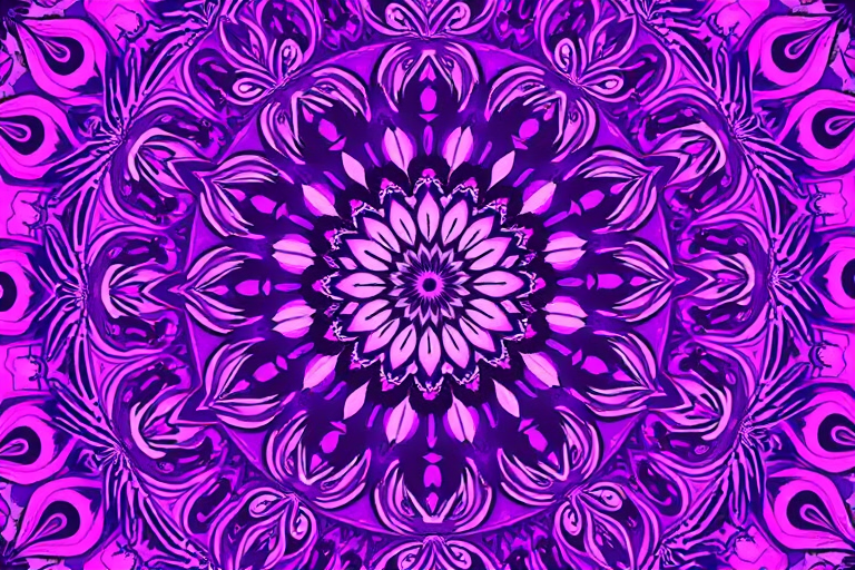 Generate a vibrant mandala design with intricate swirling patterns in shades of purple and pink, using a DSLR camera with a 50mm lens, aperture f/2.8, ISO 100, in a top-down view, with soft lighting to enhance the details.