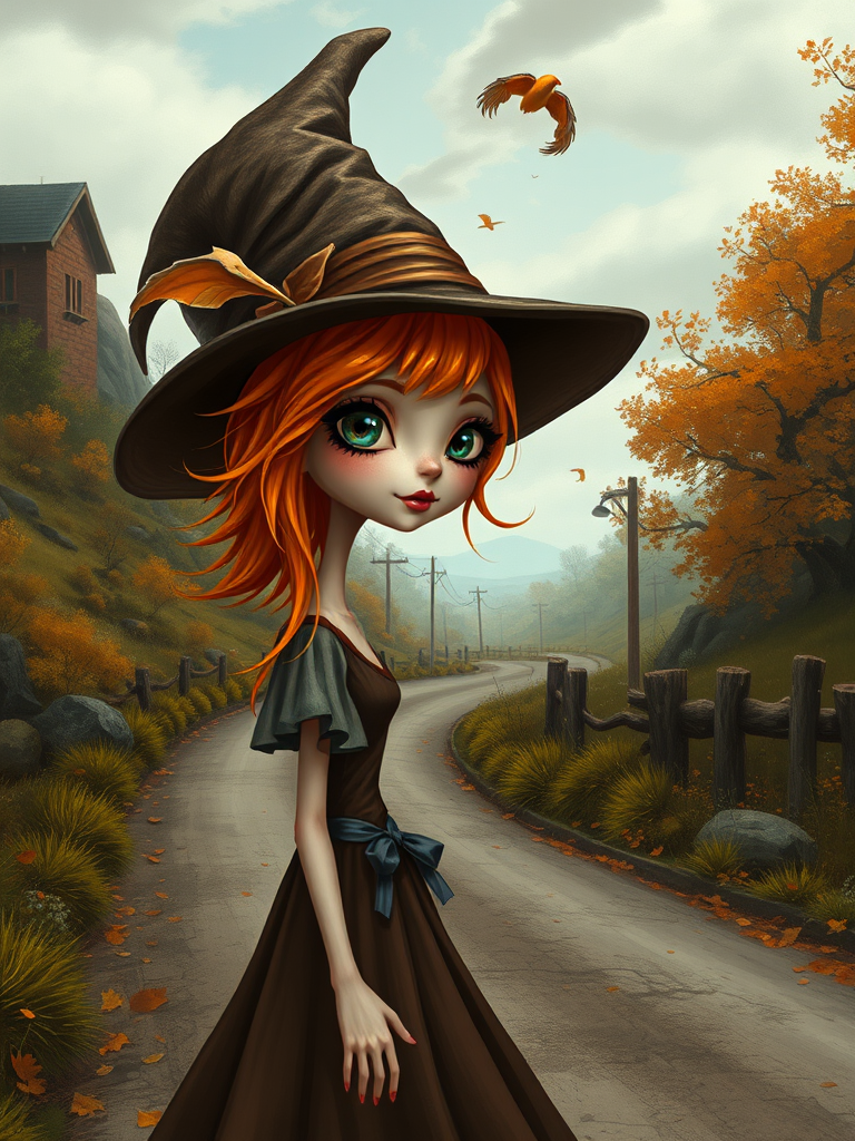 digital art fantasy depicting a strange girl with orange hair, long eyelashes, brown lipstick and a tall hat walking along a winding road on an autumn afternoon, an Oyster smiles as she passes