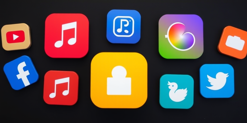 Create a high-resolution flat lay image of colorful app icons arranged on a dark background, with a Canon EOS 5D Mark IV, 50mm lens, f/1.8 aperture, ISO 100, 1/200 sec shutter speed, achieved with a top-down view for clarity and vibrant colors.