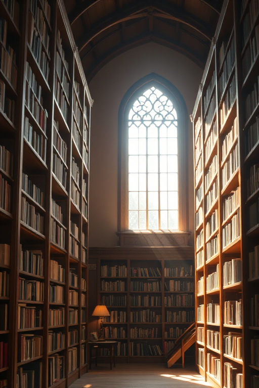 A cozy library with tall wooden bookshelves filled with books, sunlight streaming through a large arched window, warm color palette, shot with a Canon EOS R5, 35mm lens, f/1.8 aperture, ISO 100, soft focus for a dreamy effect.