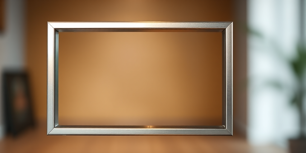 Create a high-resolution image of a sleek, metallic square frame with smooth edges, using a Canon EOS R5 camera, 50mm lens, aperture f/1.8, ISO 100, and a shallow depth of field to enhance the shine and texture of the metal, centered in a softly blurred background.