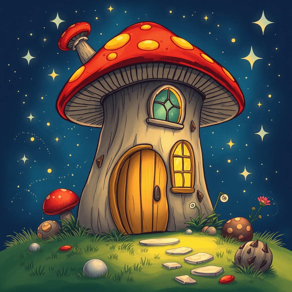 this image is illustration of a mushroom house with a door and a window, a storybook , fantasy art, mushroom house, bg starry sky, sparkles