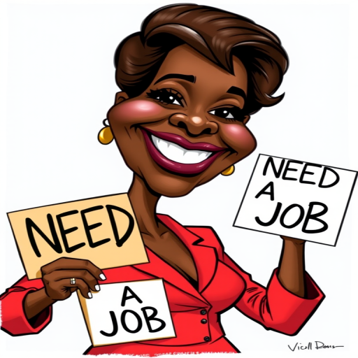 caricature of a smiling Viola Davis in a Carmine dress or suit, holding up a sign that says "NEED A JOB", no watermark,