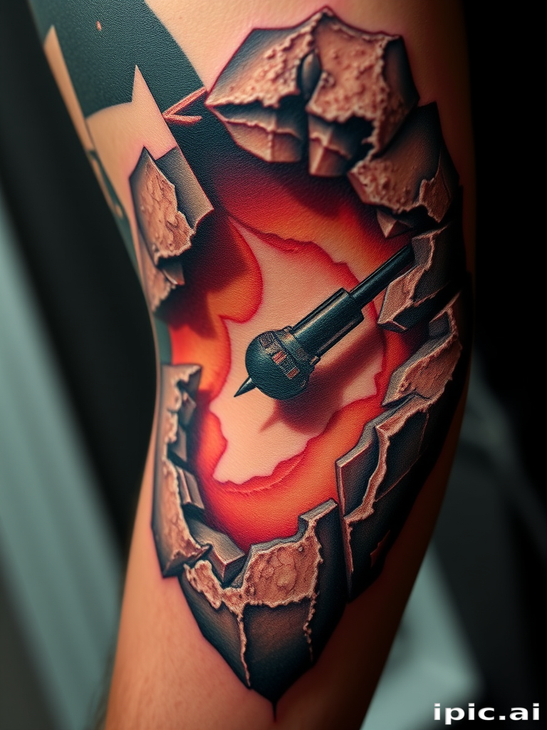 Realistic 3D tattoo titled "Illusion of Depth" creating a trompe l'oeil effect with hyperrealistic textures and shadows giving the appearance of objects emerging from or sinking into the skin