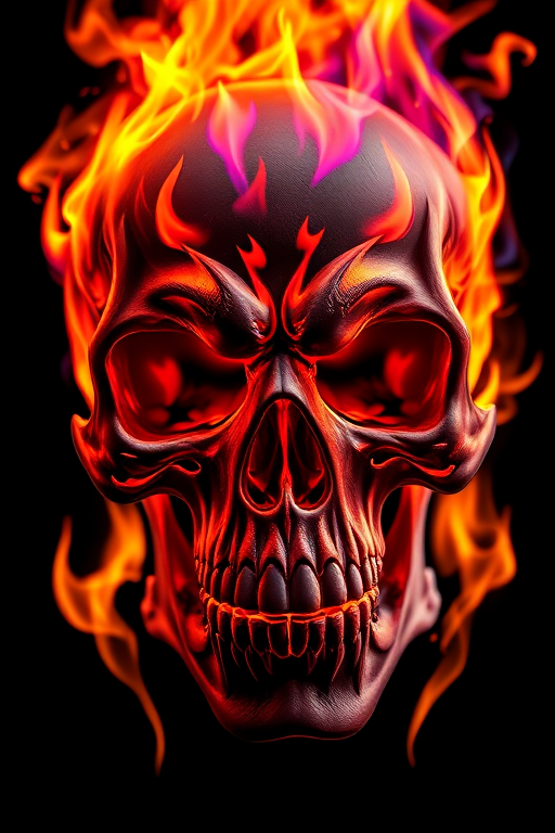 Create a vibrant and menacing skull with colorful flames and intricate details, captured with a Canon EOS R5, 50mm lens, f/1.8, ISO 100, 1/200 sec, high dynamic range, detailed texture lighting, dark background for contrast.