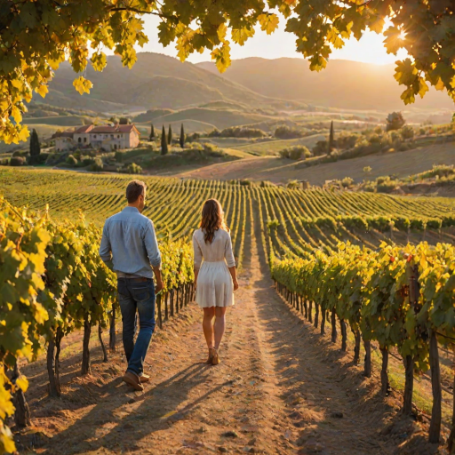 Picturesque vineyard during the golden hour, with rows of grapevines stretching into the distance, a couple enjoying a wine tasting on a rustic terrace, surrounded by natural beauty.