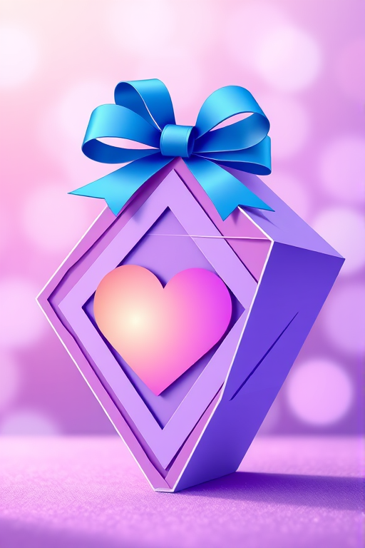 Create a vibrant illustration of a diamond-shaped gift box adorned with a blue bow, featuring concentric purple and lavender layers with a heart cutout in the center, set against a soft bokeh background with varying shades of purple, captured with a Canon EOS 5D Mark IV, 50mm lens, f/1.8 aperture, ISO 100, natural light for enhanced detail.