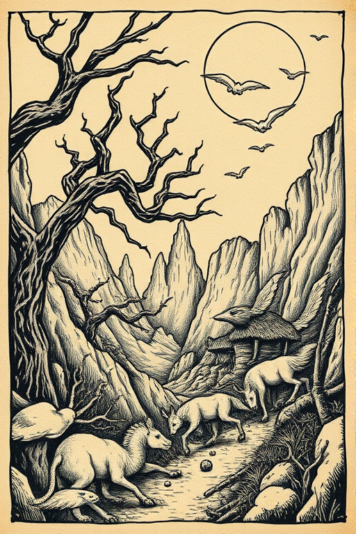 Woodcut-style "Mythic Legends" tattoo illustration depicting ancient folklore and mythological scenes with distinctive crosshatching and etching techniques creating a timeless and rustic appearance