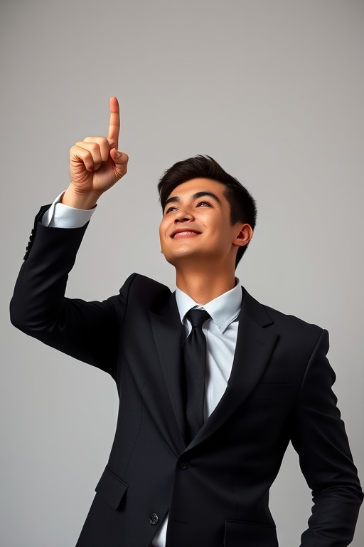 portrait of a young man in a sleek black suit pointing upwards, smiling confidently, studio lighting, soft focus, Canon EOS 5D Mark IV, 50mm lens, aperture f/1.8, ISO 100, 1/200 sec, neutral background