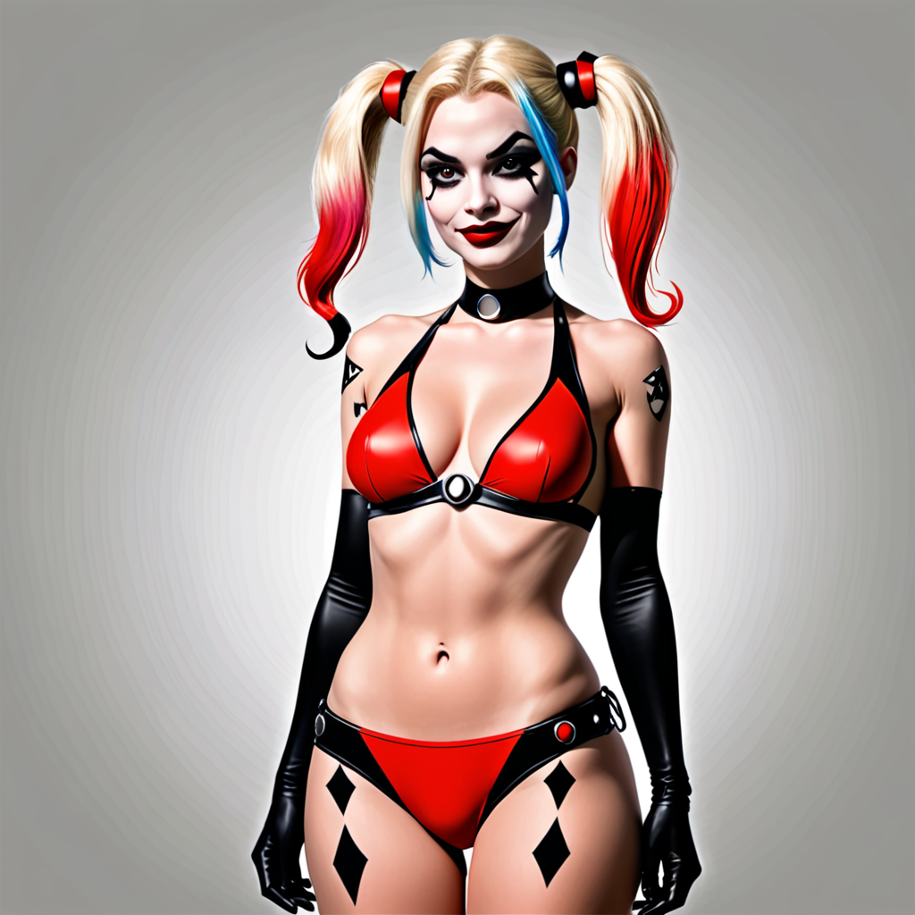 Harley Quinn from the cartoon in red bikini. flat colors.