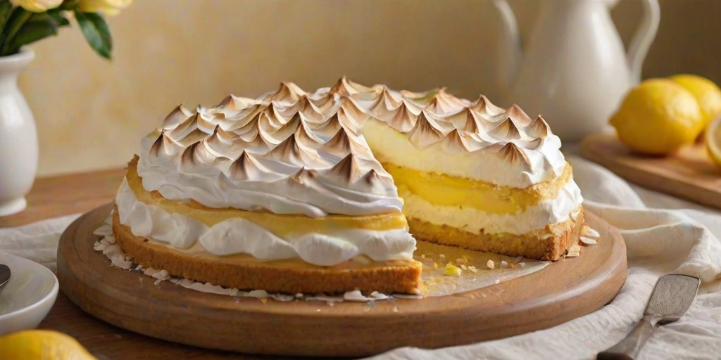 Generate an image of a beautifully decorated lemon meringue cake. The cake should have a smooth, golden crust topped with fluffy, toasted meringue, and garnished with thinly sliced dried lemon wheels. The setting should include a simple wooden serving board, a light-colored tablecloth, and a few delicate floral accents in the background.
