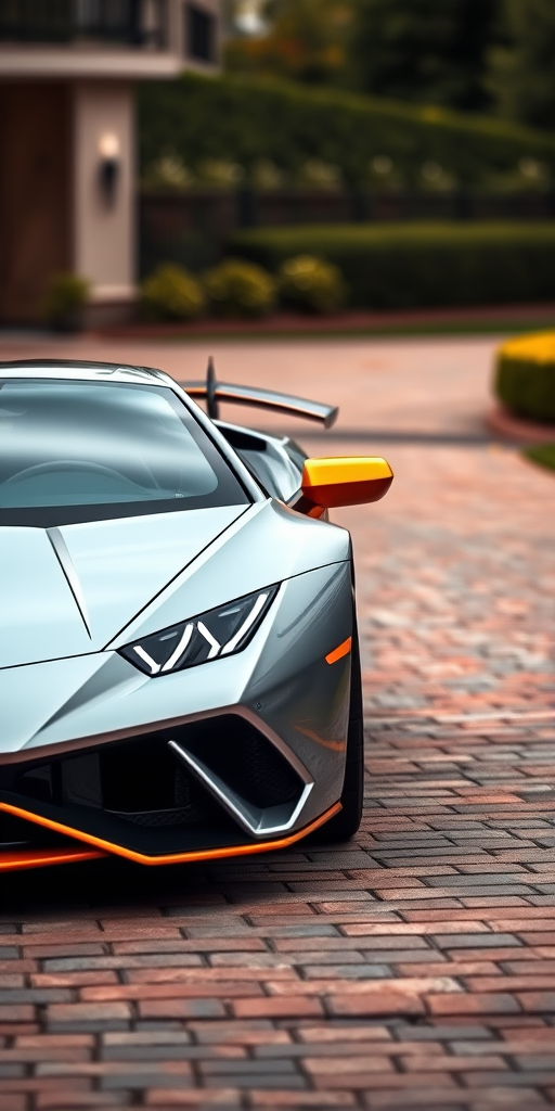 Capture a high-resolution image of a sleek silver and orange Lamborghini Huracan parked on a neatly paved driveway, focusing on the car's details with a shallow depth of field, using a Canon EOS R5 with a 50mm f/1.2 lens at ISO 100, aperture f/2.8, and shutter speed 1/200s, in natural daylight to enhance colors and textures.