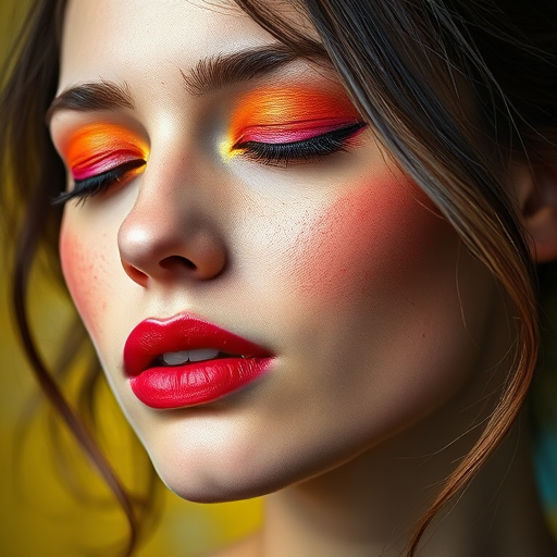 Create a vibrant portrait of a woman with closed eyes, featuring bold colors and textured brushstrokes, taken with a Canon EOS R5, 50mm lens, f/1.8, ISO 100, with soft natural lighting and a shallow depth of field to enhance the colors and details.