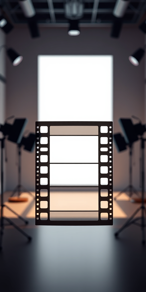 Create a high-resolution vector image of a film strip with a minimalist design, centered inside a film studio-like structure, using a Canon EOS R5 camera, 50mm lens, f/2.8 aperture, ISO 100, and a shallow depth of field for enhanced clarity and focus.