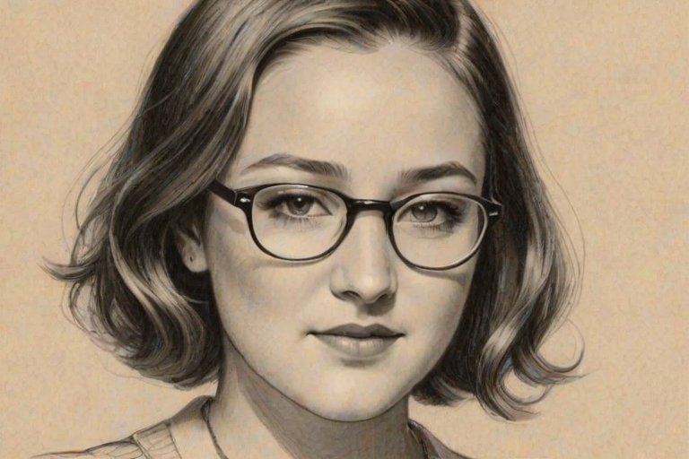Alluring Zelda Williams, pencil sketch, portrait of Wonderful woman 1933s in glasses, hair style beatnik, outline, clear lines, fine lines, 8k