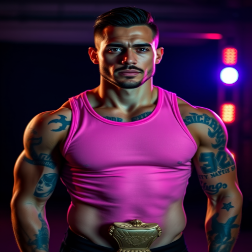 Capture a portrait of a muscular man with tattoos in a pink tank top, dramatic lighting with vibrant colors, shallow depth of field, ISO 100, aperture f/2.8, shutter speed 1/200s, 50mm lens, using a DSLR camera in a studio setting.