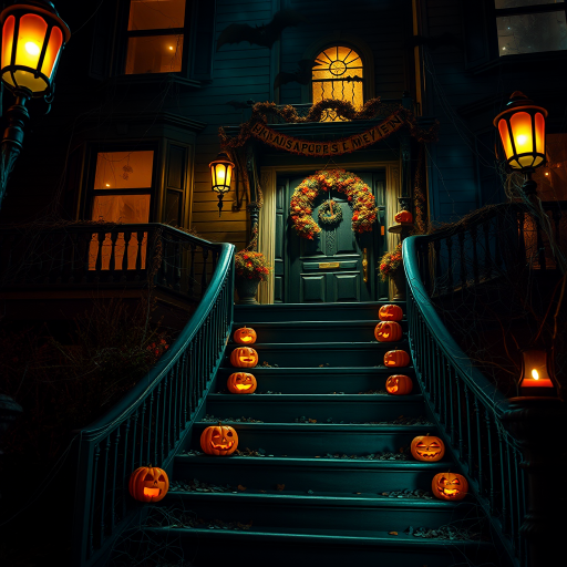 airbrushed oil painting, halloween theme, a haunted house, stairs, highly decorated, illuminated, lanterns, jack o'lantern, bats, webcobs