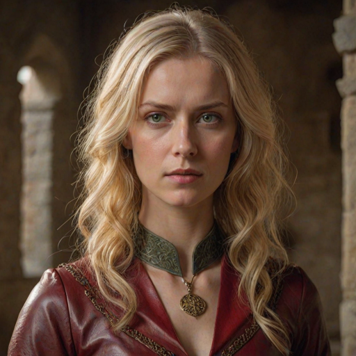 Woman with blonde hair, serious look, very light green-yellow eyes, warm side light, metallic pendant, very ornamental red leather clothes, medieval castle interior background