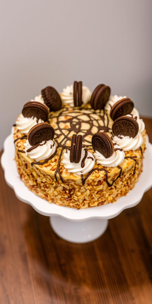 A beautifully decorated cake covered in chopped nuts with swirls of whipped cream on top and chocolate drizzle, garnished with cookies and a rich chocolate layer, displayed on a decorative white cake stand.