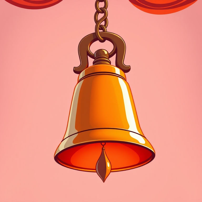 Generate a vibrant cartoon-style illustration of a hanging bell with a shiny orange surface, using a Canon EOS R5 camera, 50mm lens, f/1.8 aperture, ISO 100, and soft diffused lighting for high image quality.