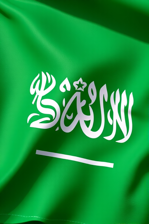 Create a high-resolution image of the Saudi Arabian flag with detailed texture, using a DSLR camera with a 50mm lens, aperture set to f/1.8, ISO 100, and shot in natural daylight from a frontal view to enhance color vibrancy and clarity.