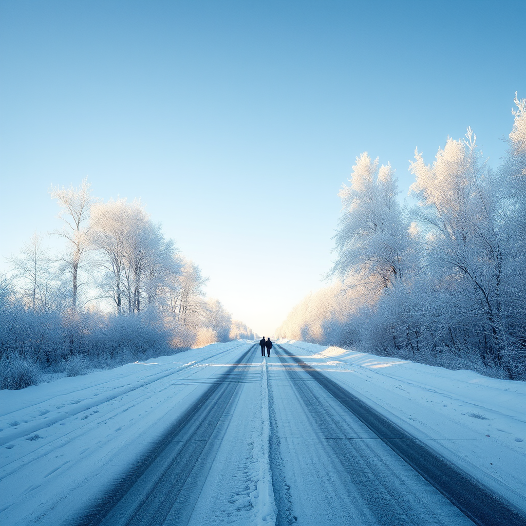 Winter landscape with snow-covered road under a clear blue sky, capturing the shimmering frost on trees, two people walking in the distance, taken with a DSLR camera at f/8, ISO 200, 1/250s, wide-angle lens, natural lighting.