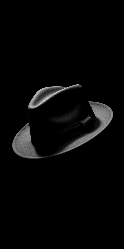 Create a high-quality vector illustration of a classic fedora hat, spotlighted on a black background, using a Canon EOS 5D Mark IV with a 50mm f/1.8 lens at aperture f/2.8, ISO 100, shoot from a slightly elevated angle with soft lighting to enhance texture and details.